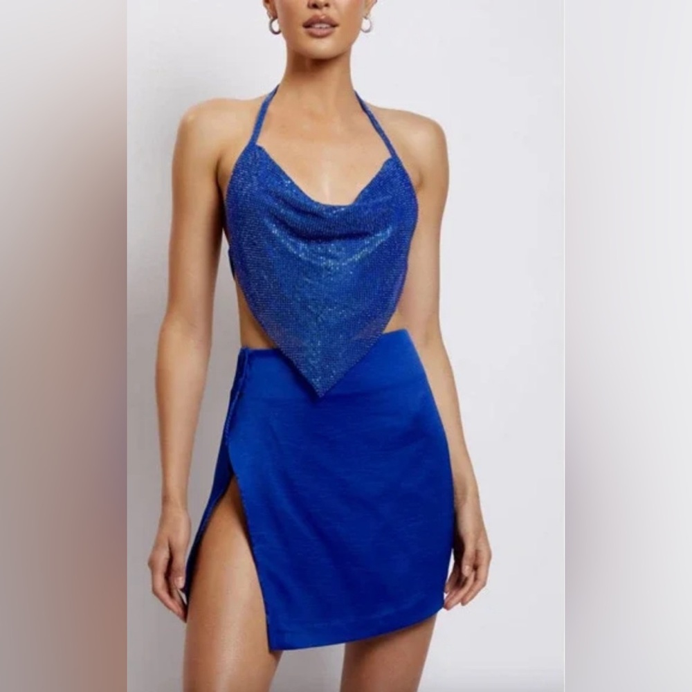 Meshki Cobalt Blue Asymmetrical Mini Satin Wrap Skirt Size S